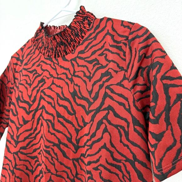 ZARA Animal Print Mini Dress Red Black Short Sleeve Smocked Neck Drop Waist S - Picture 2 of 6